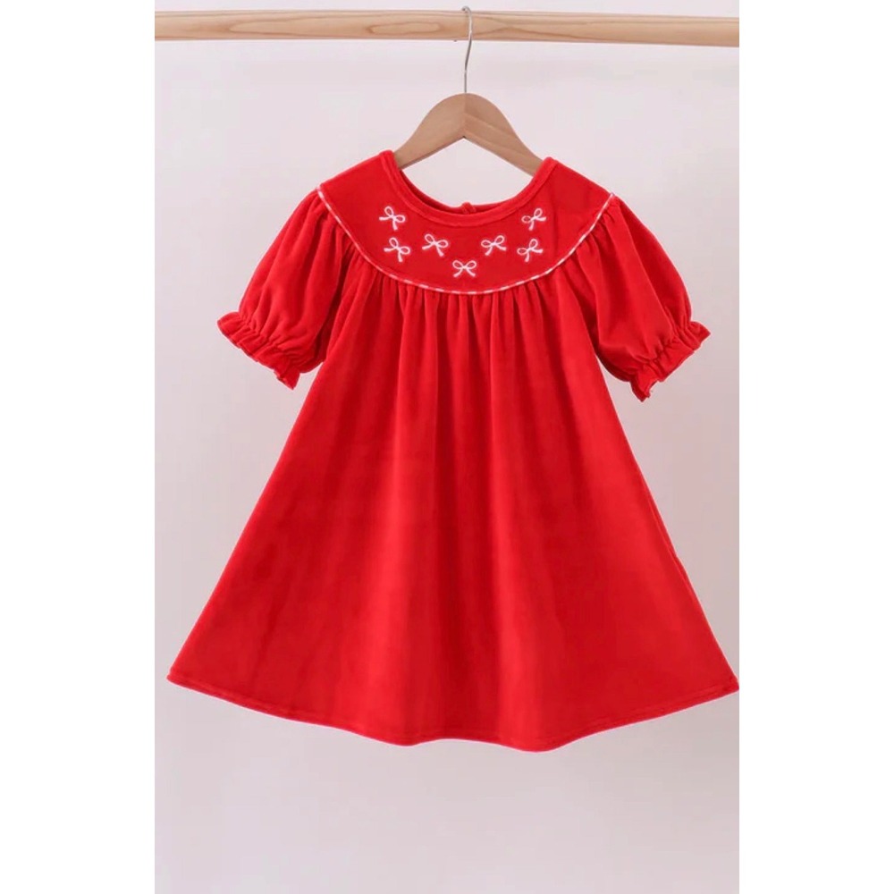 Abby & Evie Girls Red Velvet Bow Embroidered Babydoll Holiday Dress‎ Size 8